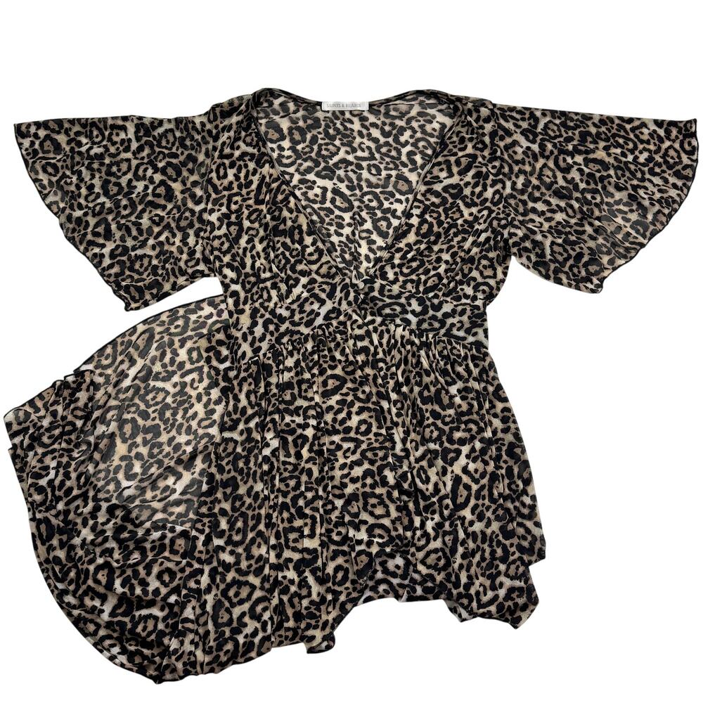 Saints & Hearts Mesh Animal Print High Low Flutter Sleeve Boho Kimono Women's S
